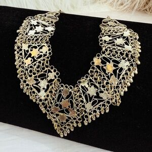 Vintage Aged Silvertone Lightweight Ethnic Statement Necklace